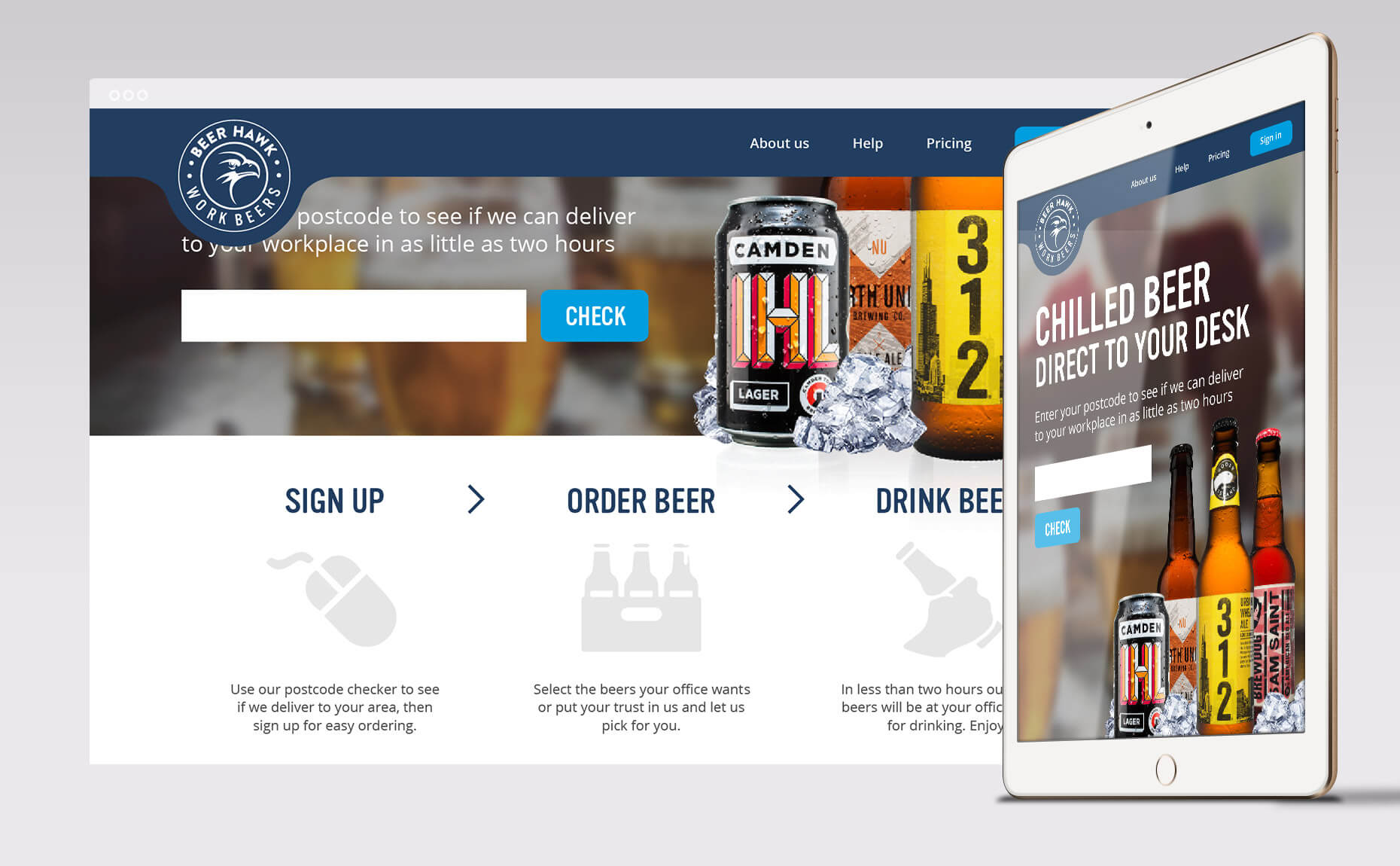 Work Beers browser window and iPad